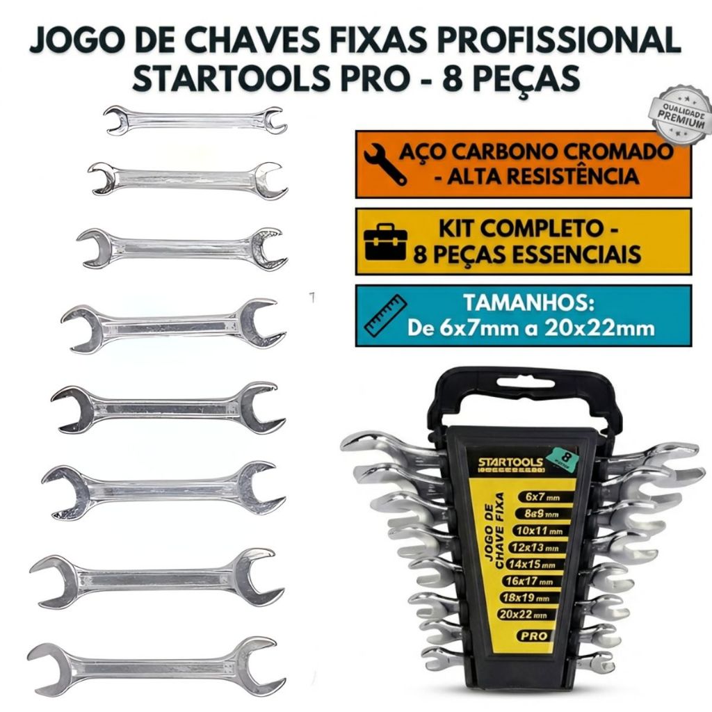 Jogo Kit de Chave Fixa Aço 6 a 22mm 8 Peças Profissional Boca Dupla Aço Forte Durável