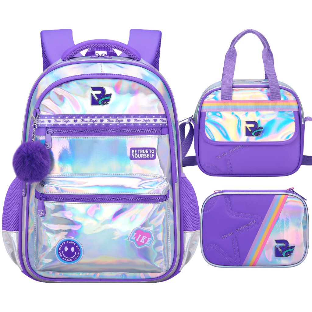 Kit Mochila Escolar Infantil Feminina 3 Peças Holográfica com Estojo e Bolsa Lateral, Pompom e Estampa Smile Fofa