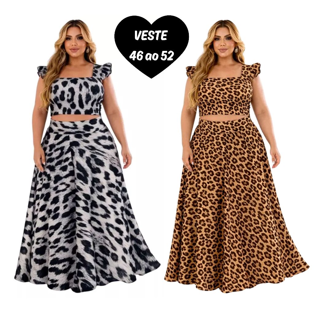 Conjunto plus size moda maior de saia GODÊ longa e cropped de alça babado TECIDO CREPINHO cores e estampas variadas. em Oferta na Shopee