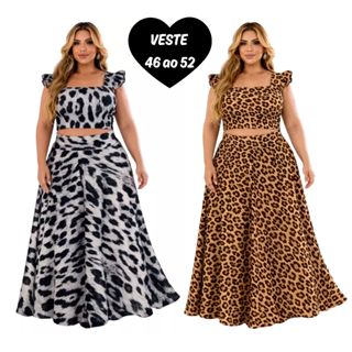 Conjunto plus size moda maior de saia GODÊ longa e cropped de alça babado TECIDO CREPINHO cores e estampas variadas. em Oferta na Shopee