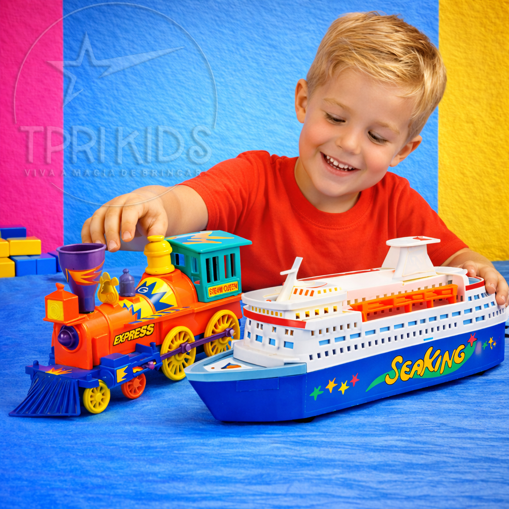 Kit Trem Navio Brinquedo Infantil Locomotiva Maria Fumaça Cruzeiro Flutua na Água Menino Menina