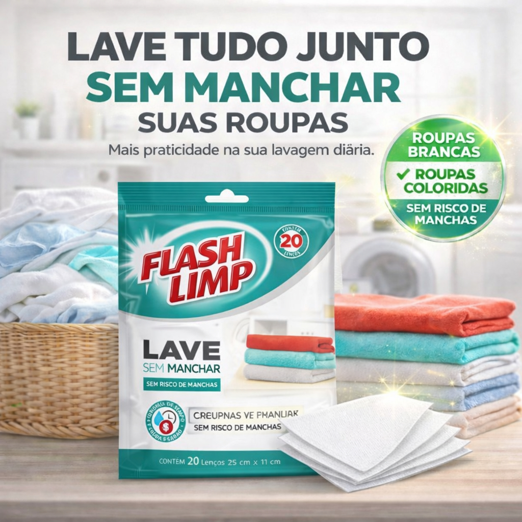 Lave Sem Manchar Roupas Brancas e Coloridas - 20 Lenços - Flash Limp