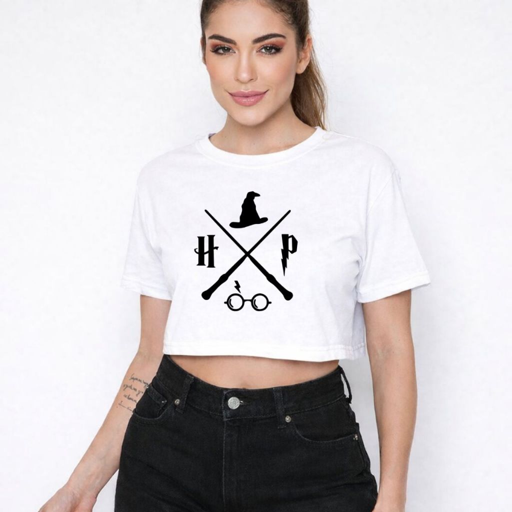 Cropped Feminino Tumblr blogueira Harry Potter Desenho animado Feminina Manga Curta