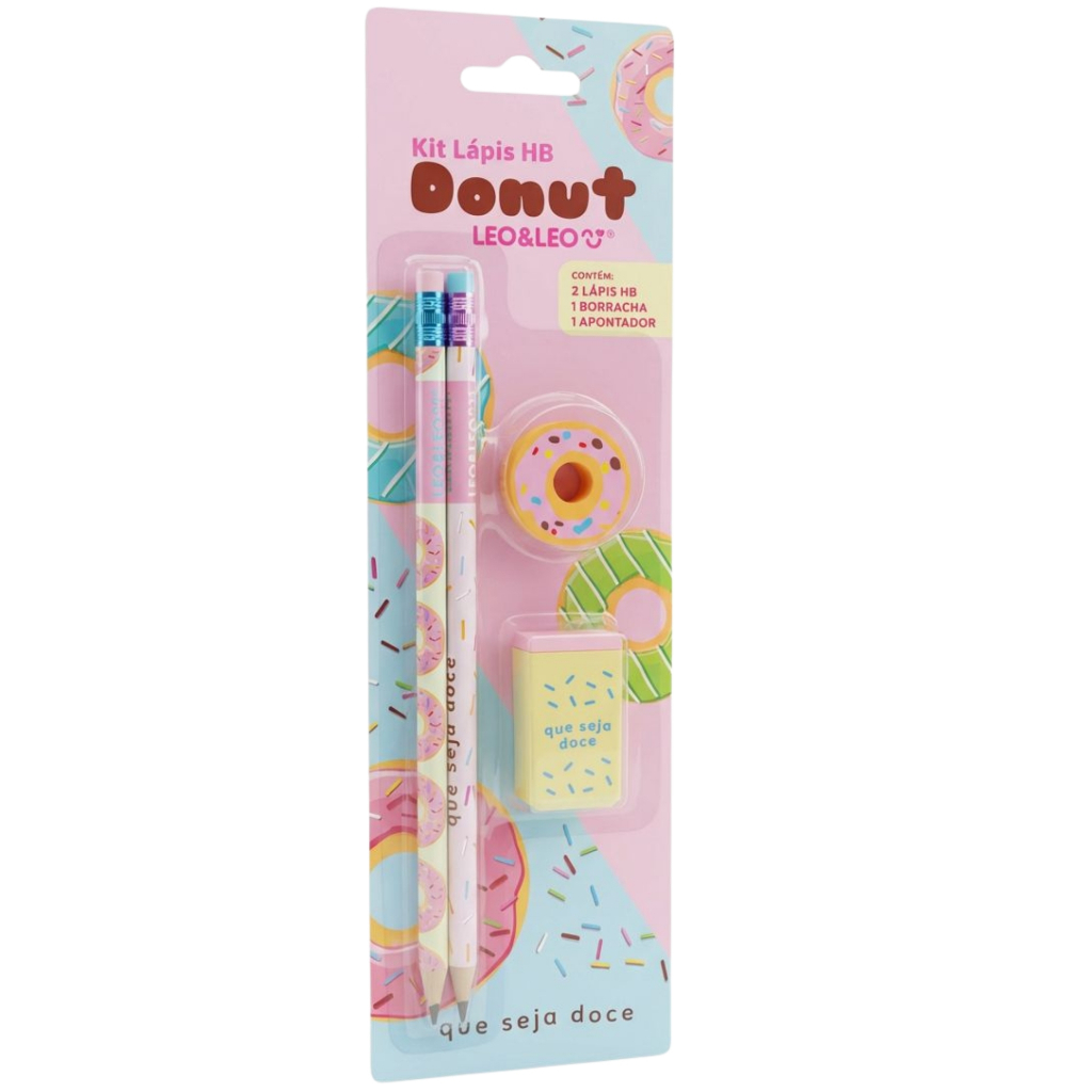 Lápis De Escrever Donut Kit 2 Lápis + Borracha + Apontador Papelaria Escolar Infantil