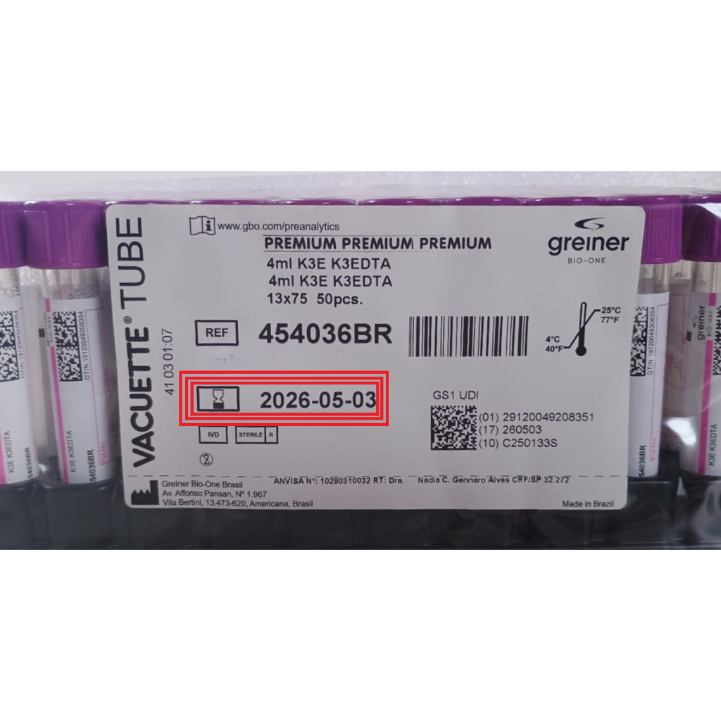 Tubo de Coleta a Vácuo K3EDTA 4 mL **Validade 03/05/2026**– Greiner (VACUETTE) - Rack com 50 unidade