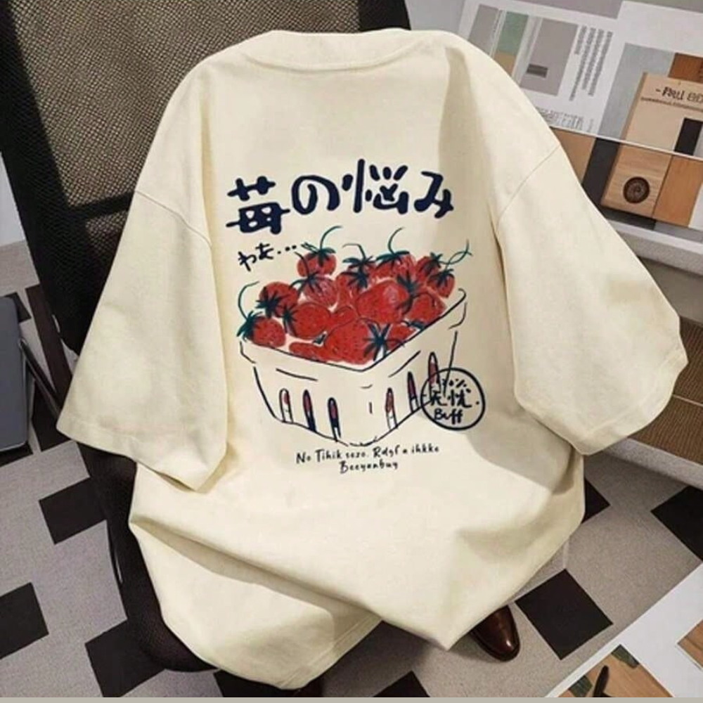 Camisa Feminina Strawberry Farm Blusa Japonesa Estampada F/C T-shirt Algodao Casual Fofa Confortavel