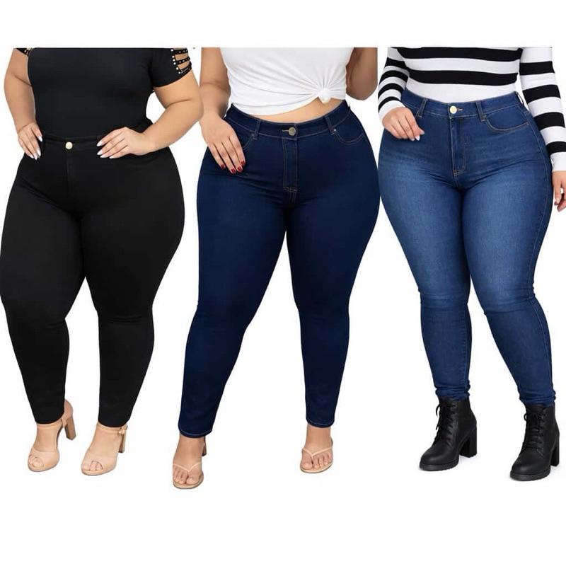 3 Calça Jeans Plus Size Feminina Com Elastano Cintura Alta em Oferta na Shopee