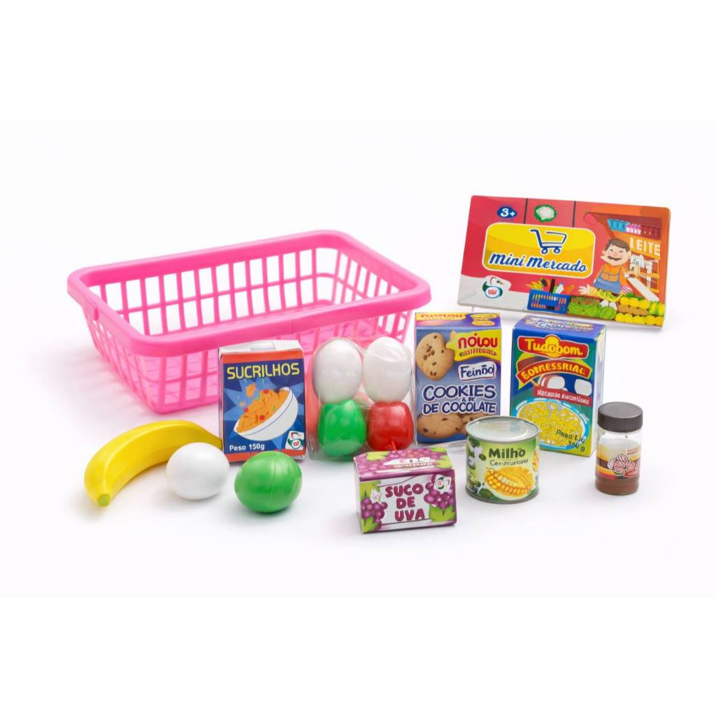 Kit Supermercado Brinquedo 13 Peças com Cestinha – Mini Mercado Infantil com Alimentos 3+