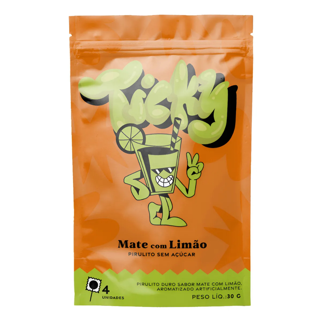 Ticky Pirulito Zero Açúcar - Sabor Mate com Limão - Pouch com 4 Unidades