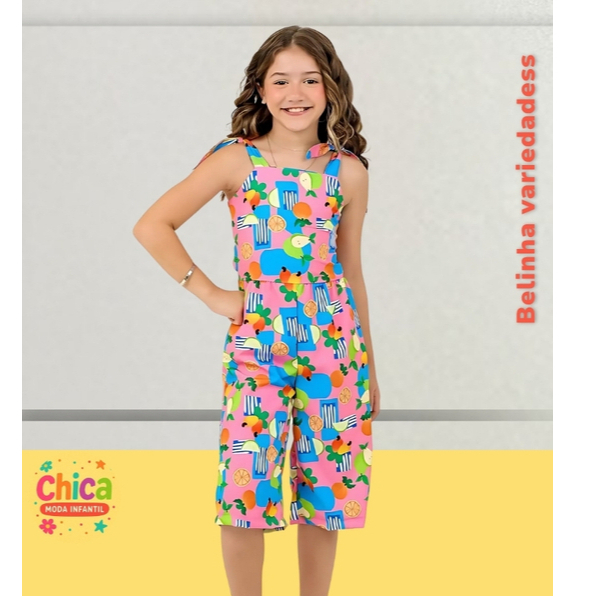Conjunto Feminino Macaquinho Infantil Tecido Crepe Premium