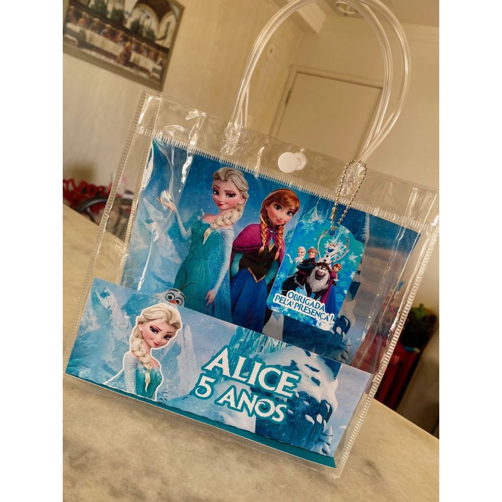 Decoração fundo para sacolinha transparente PVC + Frente + tag | Lembrancinha | Frozen I Elsa