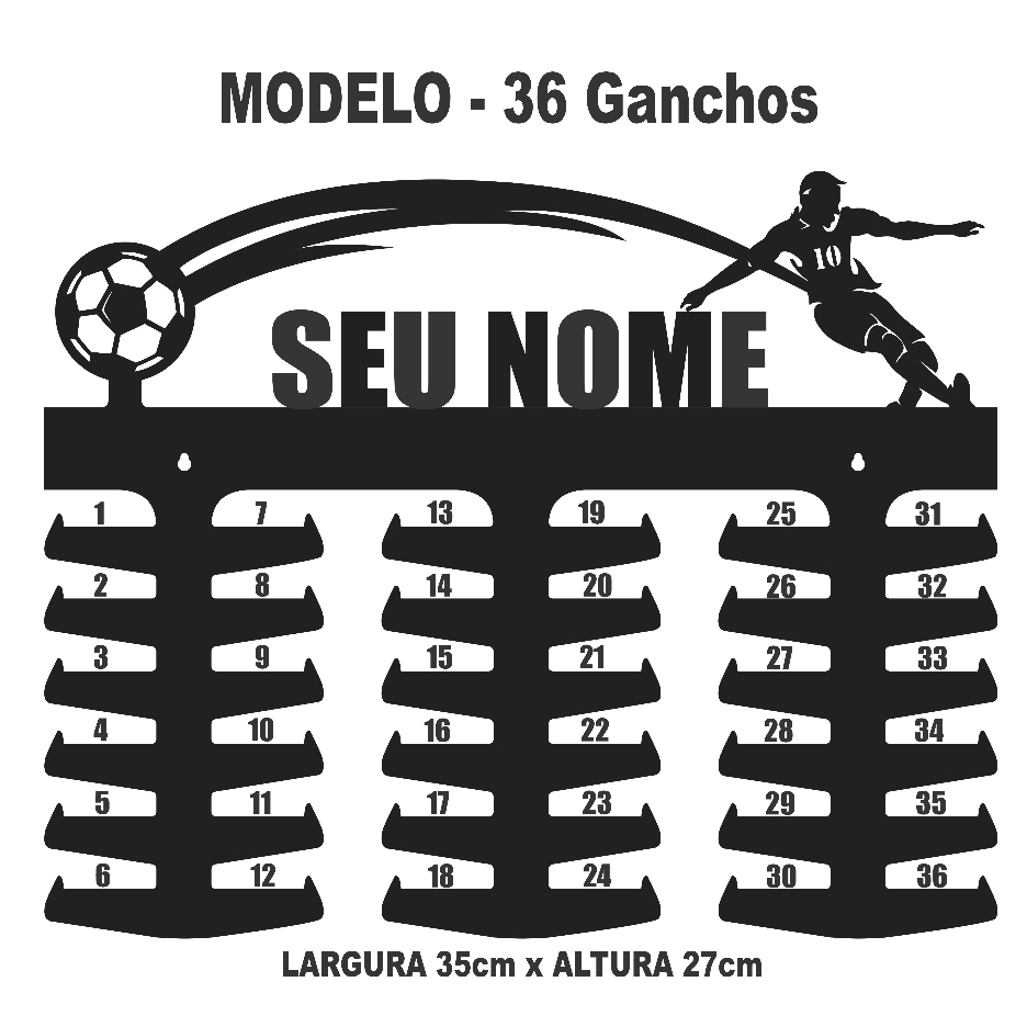Porta Medalhas Futebol Chute Com Nome Personalizado Fem e Mas MDF 18-24-36-48 Ganchos
