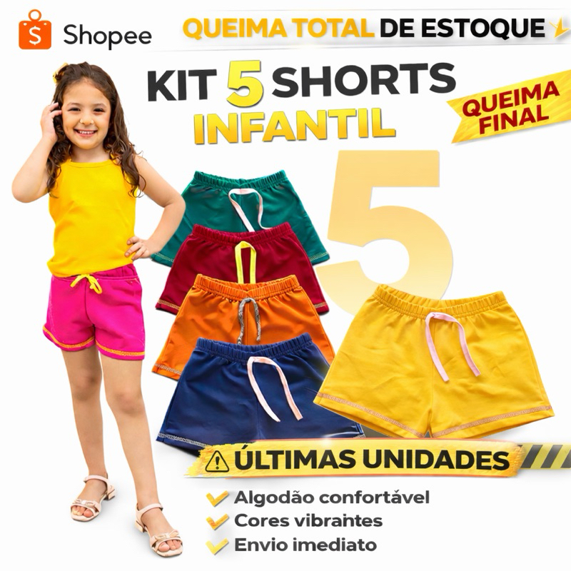 Kit 5 Shorts Feminino Infantil Cores Candy 2 a 12 anos em Oferta na Shopee