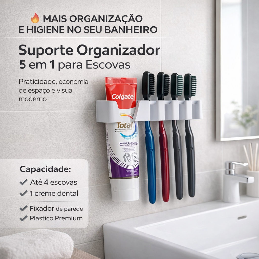 Suporte de Escova de Dente e Pasta | Organizador Parede Banheiro | Porta Escova Familiar