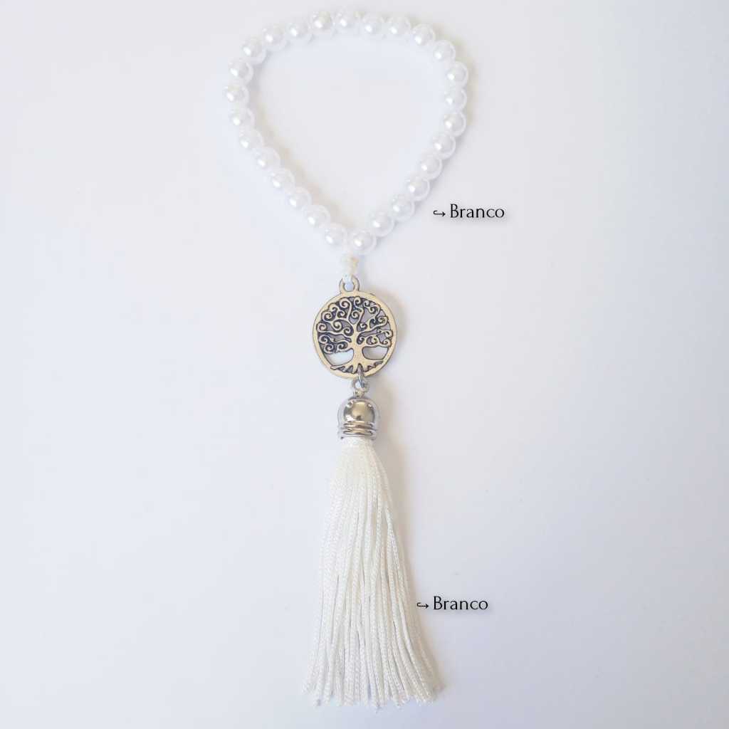 Imagem Japamala De Mão Com 27 Contas Pérola Branca e Pingente Árvore da Vida Rosário Budista Meditação Ref:816