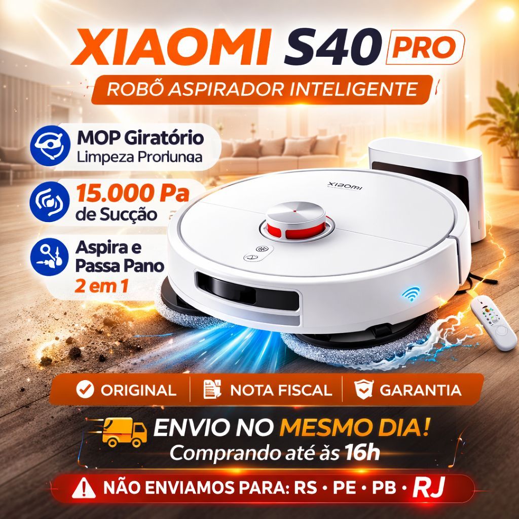 Robô Aspirador Xiaomi S40 Pro 15.000Pa com Mop Giratório Inteligente
