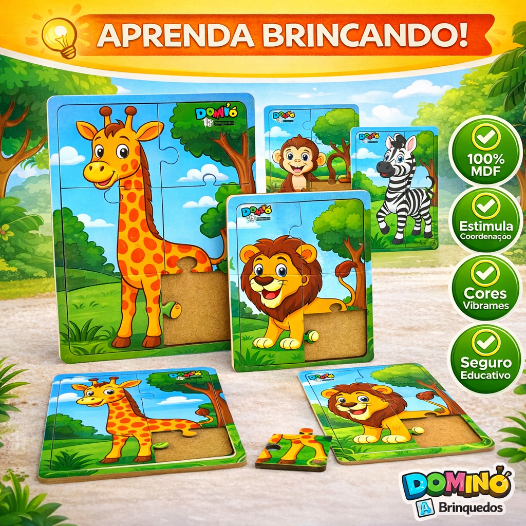 Kit 4 Quebra Cabeça em Mdf 6 Peças Jogo Pedagógico Infantil Lúdico Educativo floresta safari animais