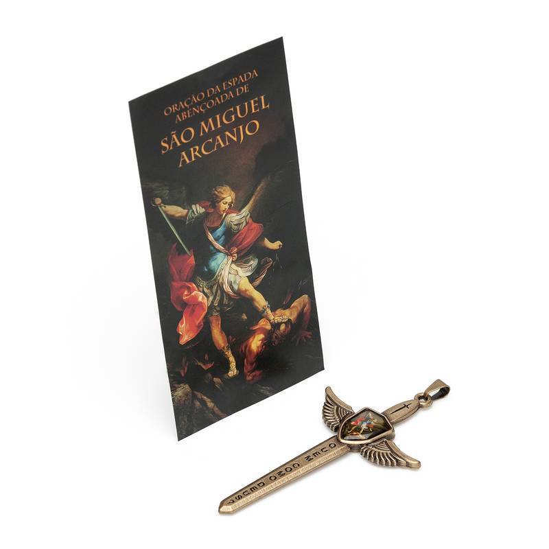 ESPADA SÃO MIGUEL 7,8 CM (OURO VELHO) C/ FOLHETO – “ORAÇÃO DA ESPADA ABENÇOADA”