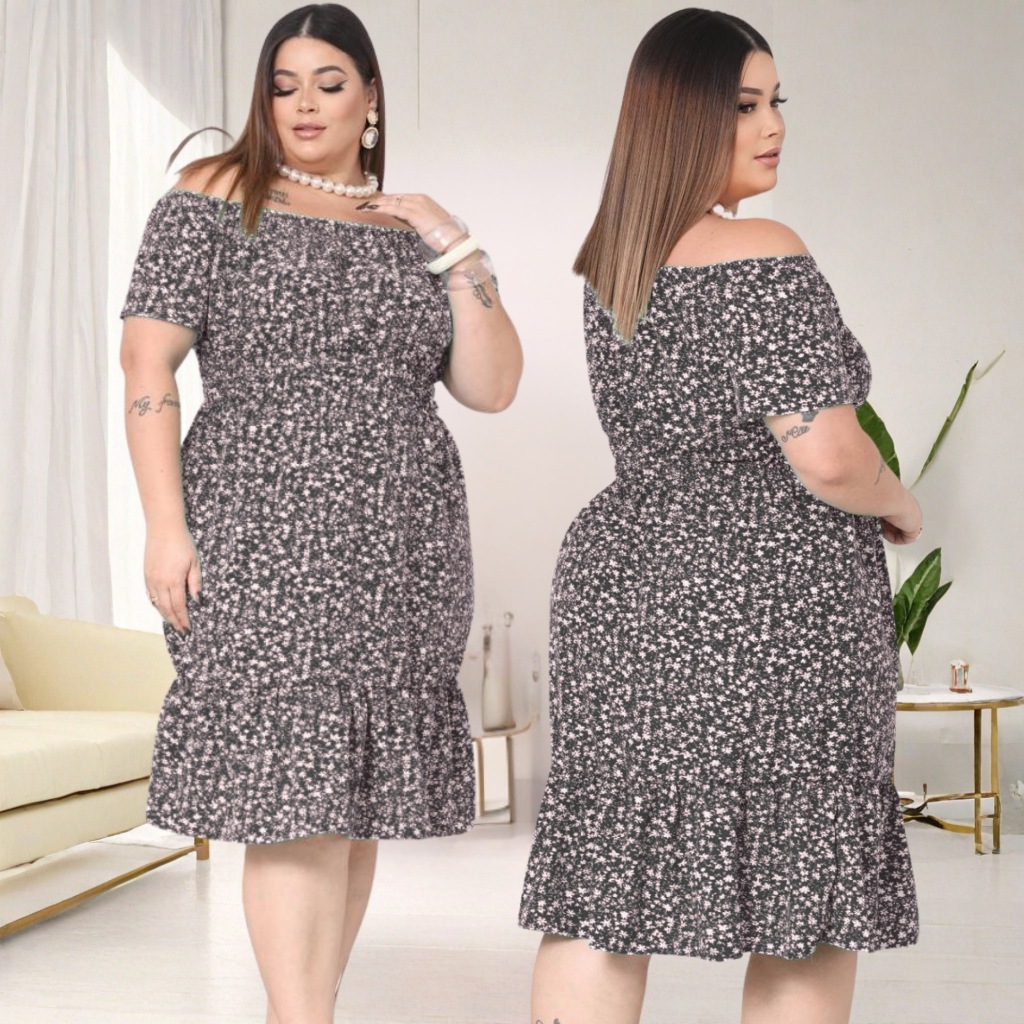 Vestido Curto Ciganinha Plus Size Ombro a Ombro com Babado e Elastex Veste 40 ao 52 em Tecido Duna