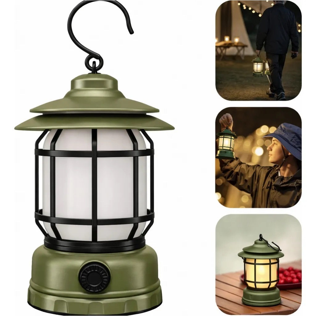 Lampião Retro Multiuso C/ Led Recarregável Efeito Chama 5w Verde 4.2v