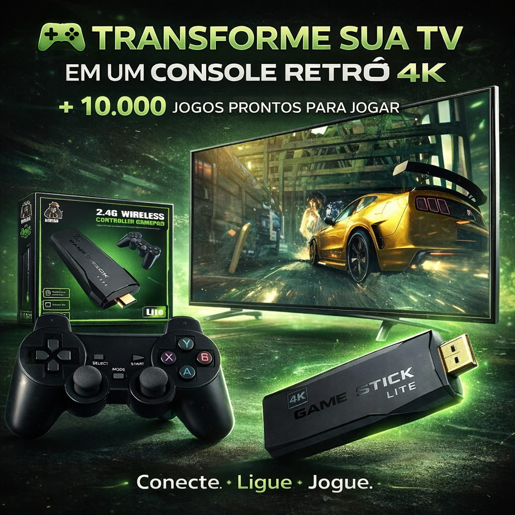 Game Stick 4K com 2 Controles Sem Fio +10.000 Jogos Console Retrô HDMI Plug and Play