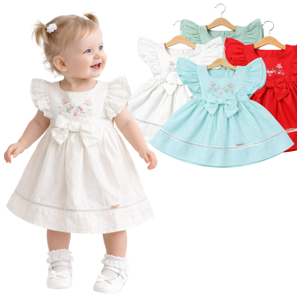 Vestido Infantil Bebê Rodado Manga Babado Duplo Bordado Floral e Detalhe em Laço Vestidinho Baby
