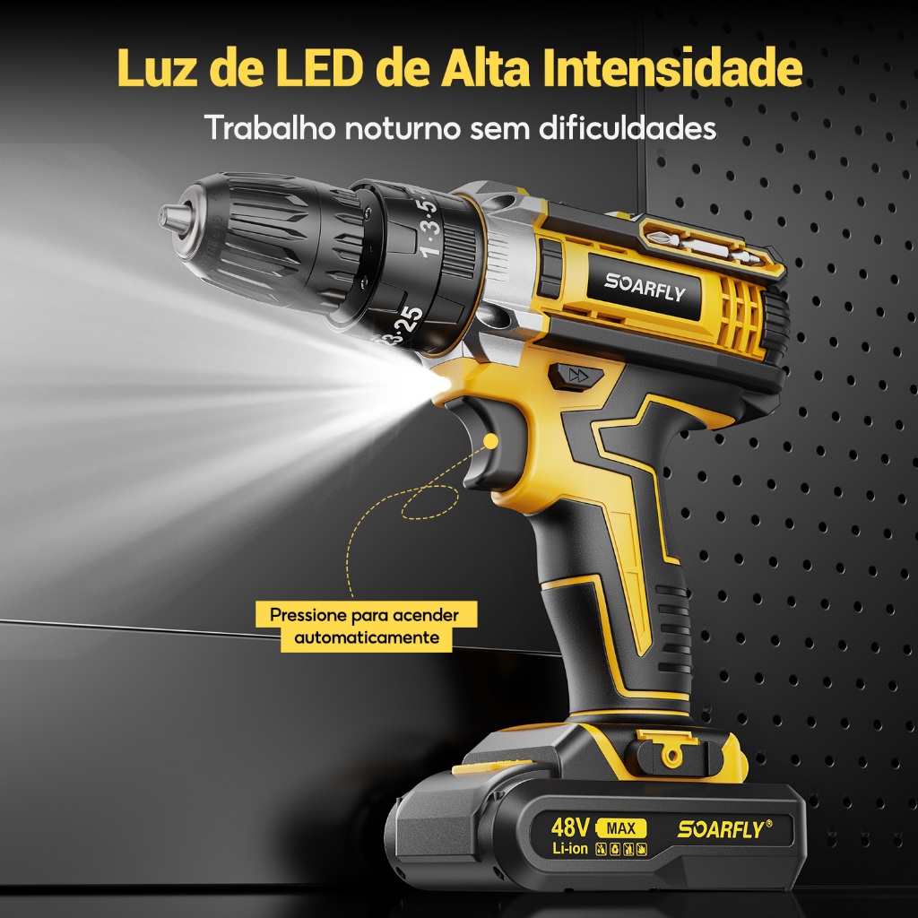 SOARFLY Parafusadeira Furadeira 48V 2 Baterias Com Maleta e Acessórios Completo 28pcs 220V/110V — foto 9