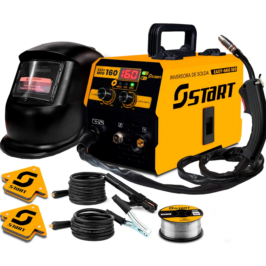 Máquina De Solda Multiprocesso 220v 160a Mig Sem Gás Mma Tig Start + Mascara De Solda E Acessórios