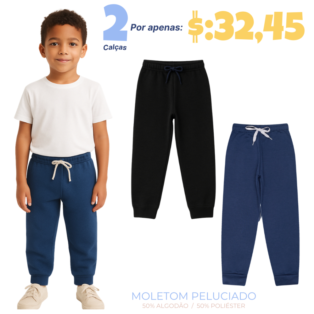 Kit 2 Calças de Moletom Peluciado Infantil Menino Inverno Tamanho 2 ao 10 anos em Oferta na Shopee