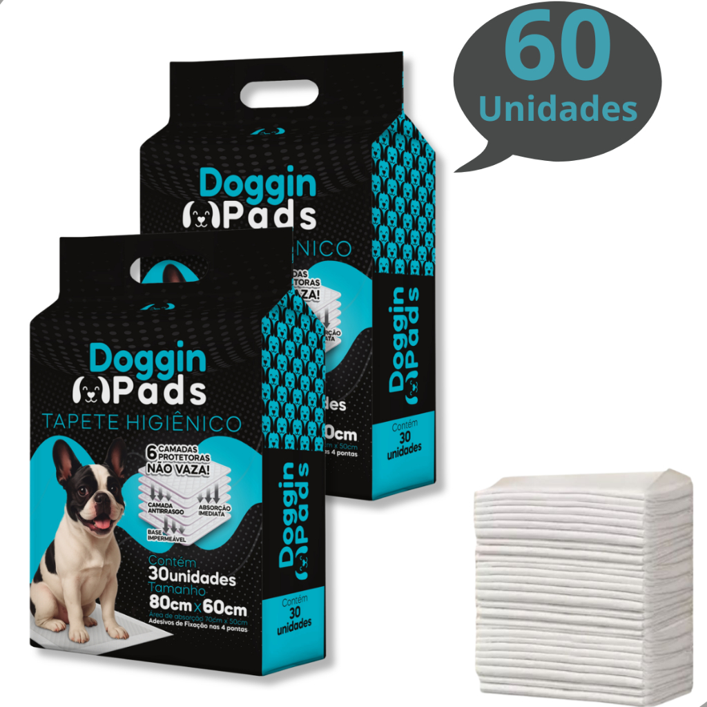 Kit 2 Tapete Higiênico para Cachorro Doggin Pads 80 x 60 cm - 60 Unidades