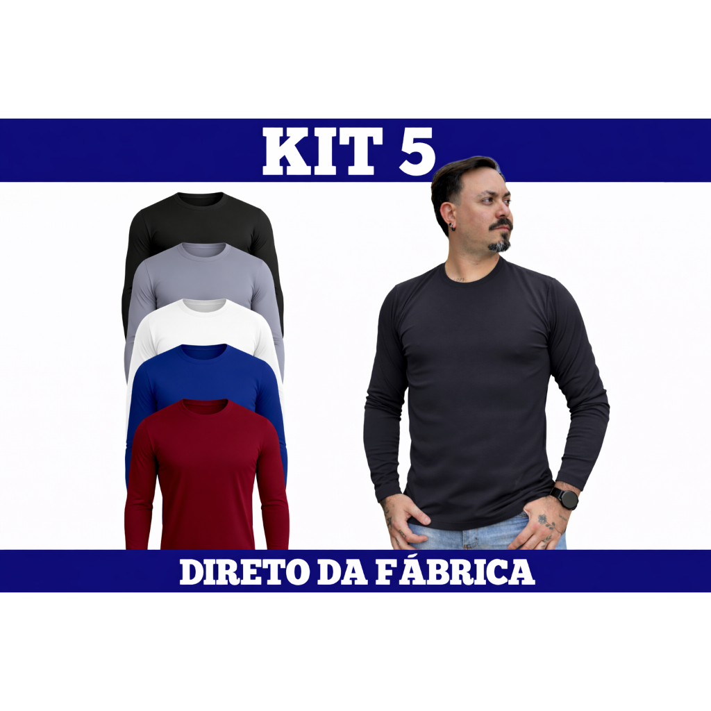 Kit 5 Camiseta Manga Longa Masculina Slim Dryfit Proteção Uv