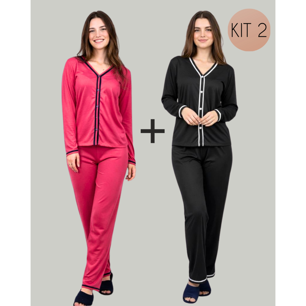 Kit 2 Conjuntos Pijama Longo Inverno Blogueira Malha PV Botão Amamentação Pós Cirúrgico