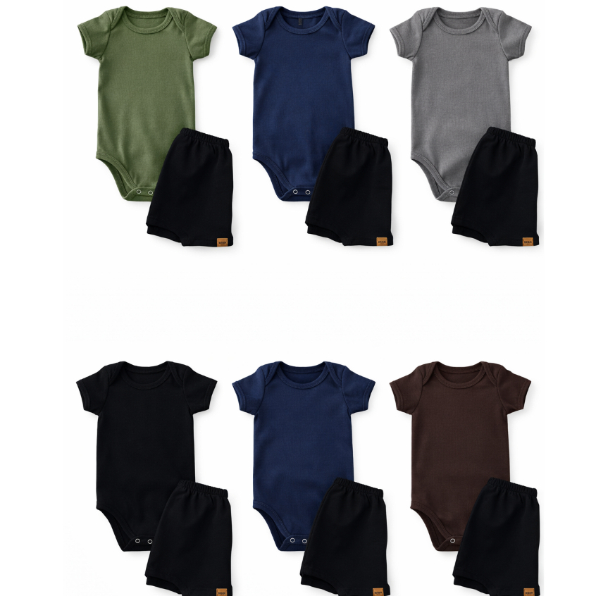Conjunto Body Bebê Canelado Bermuda Moletom Roupa Infantil Confortável