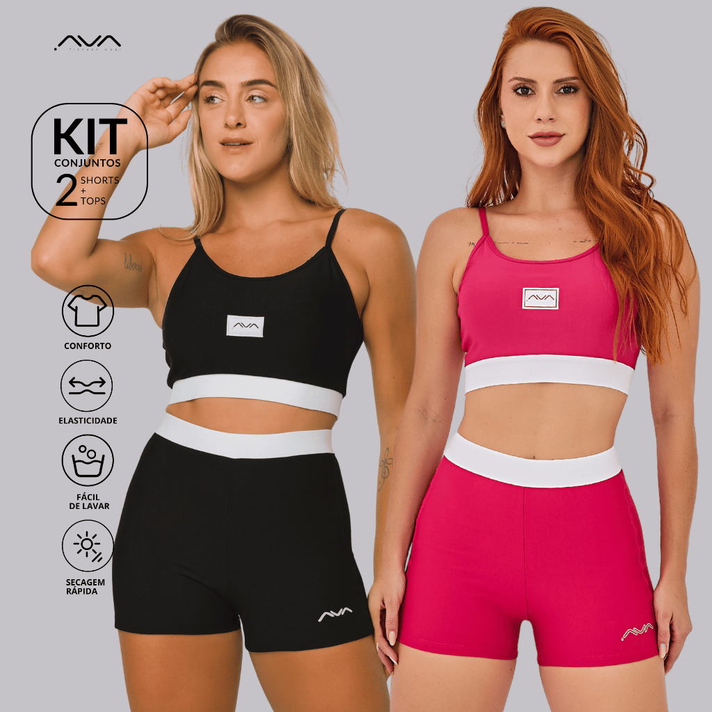 Kit 2 Conjuntos Feminino Academia Suplex Poliamida Top e Short Com Elástico No Cós AVA Fitness