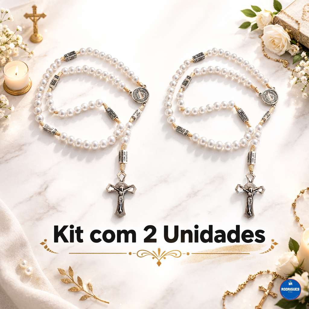 Kit 2 Terços São Bento Perolas BRANCAS Mistério Das Contemplação Rosário em Oferta na Shopee