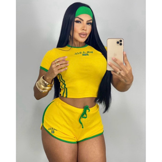 Conjuto do Brasil Canelado  Premium Feminina Blusa Bordada Camisa + short Tendência Verão Compa do Mundo 2026 em Oferta na Shopee