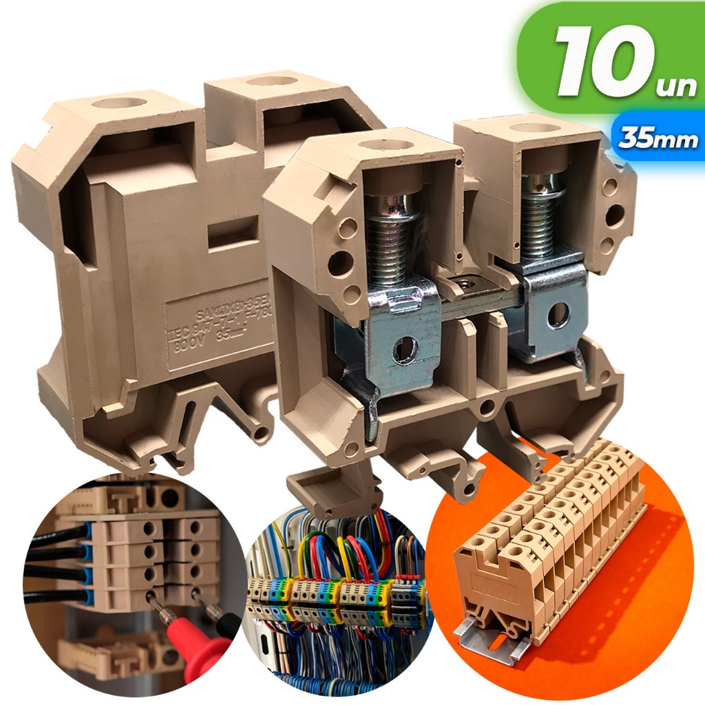 Kit 10 Conector Borne Sak 35mm Bege Saki Elétrico Fixação Trilho Din Conector Elétrico - Bege