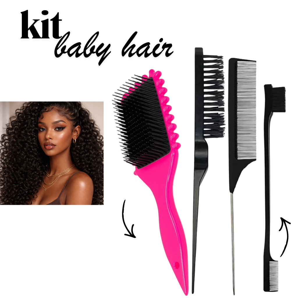 Kit Baby Hair 4 Peças Escova + Pente Fino + Escova Fitagem Modeladora Para Finalização de Cabelo