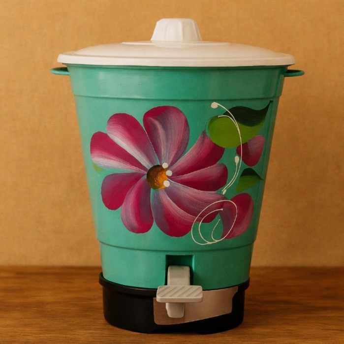 Lixeira com Pedal Decorada a Mão com Tampa Plastico Resistente Cozinha Area Goumet Rancho