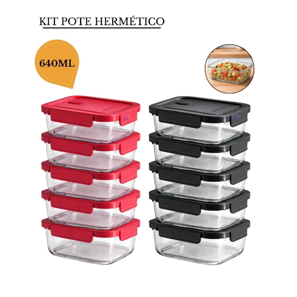 Jogo de Pote Vidro 10 ou 5 unid Hermético 640ml Anel Vedação com 4 Travas Marmita de vidro com tampa