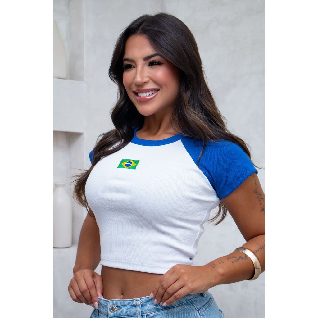 Blusinha Cropedd Feminina Brasil Ribana Canelada Cropped Justinho Bordado Moda Feminina