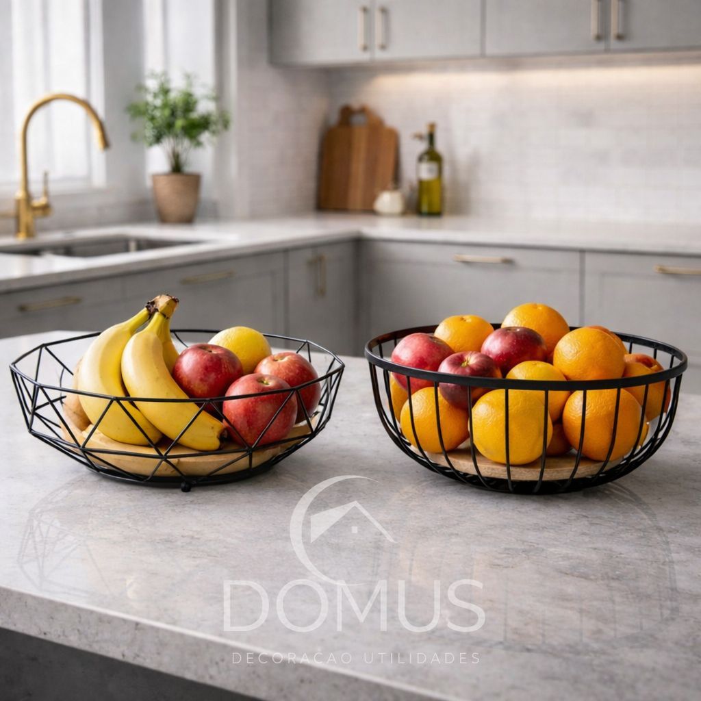 Fruteira de Mesa  de Ferro e Bambu para Café da Manhã de Metal Preto Multiuso