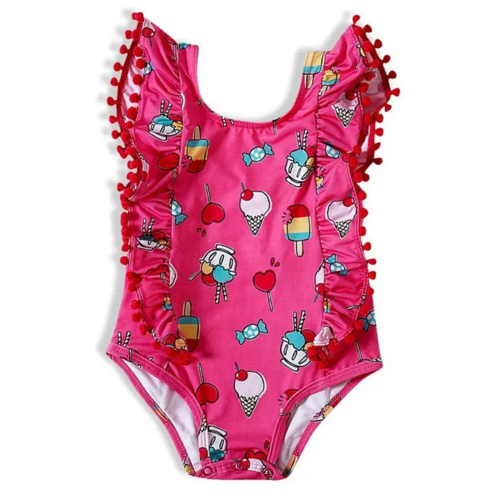 Maiô Infantil Rosa Estampado com Babados Tip Top