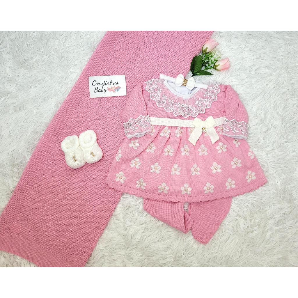 Saída de maternidade menina em tricô /tricot rosa chiclete floral pérolas com vestido luxo feminina