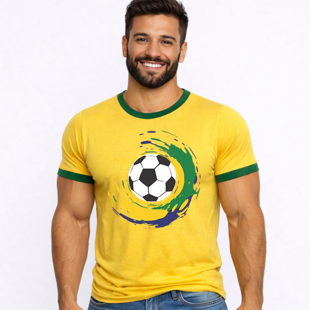 Camiseta Masculina Brasil Amarela Estampa Bola de Futebol Torcedor Copa do Mundo