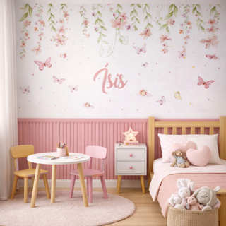 Papel de Parede Adesivo Jardim Encantado Com Ripado Rosa Painel Decoração Quarto Menina em Oferta na Shopee