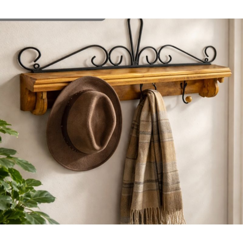 Cabideiro Rústico de Madeira com Prateleira e 3 Ganchos | Decorativo Artesanal de Parede 70cm