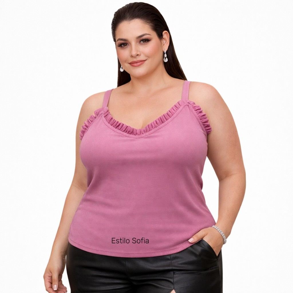 Blusa Feminina Plus Size Canelada Ribana com Bojo Regata Detalhe Babado na Frente Veste 48 ao 50