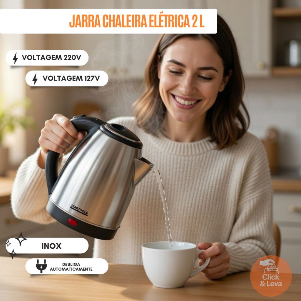 Chaleira Jarra Eletrica Inox 2L Esquenta Ebulidor Ferve Agua Cafe Cha Sopas 127V 110V ou 220V Desligamento Automatico