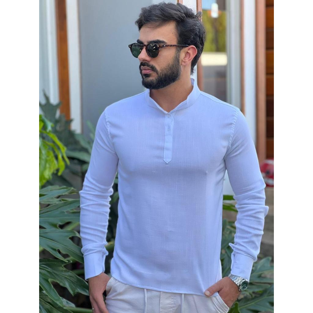Bata de Linho Masculina Branca - Camisa Leve para Réveillon Natal Praia Batizado Social Premium
